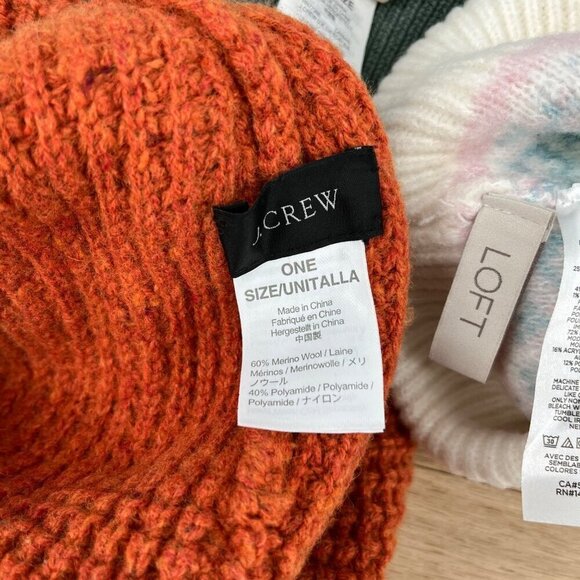 Madewell J Crew Loft Wool Blend Hat Beanie Lot of 3 Orange Green Cream Big Pom - Picture 7 of 13